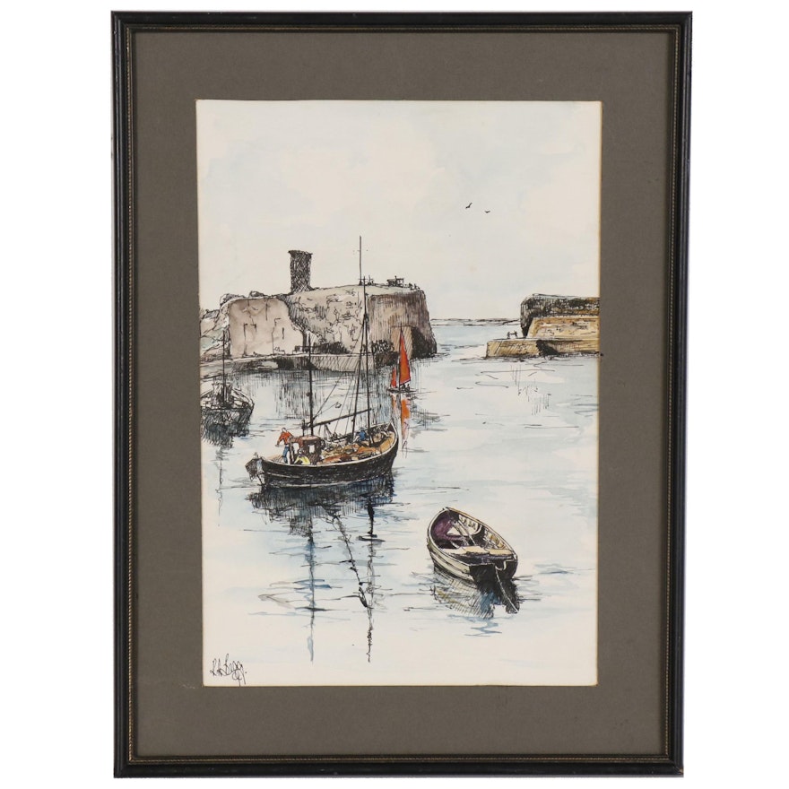 Scottish Pen and Ink Drawing with Watercolor Paint "The Harbor"