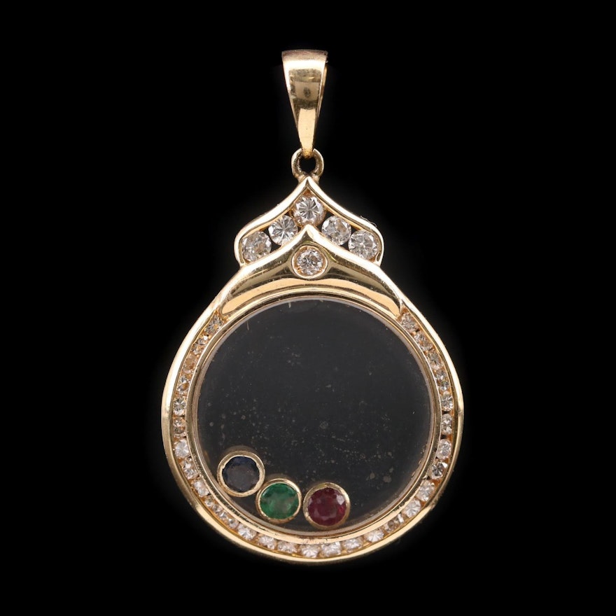 14K Yellow Gold Emerald, Sapphire, Ruby, and Diamond Floating Locket