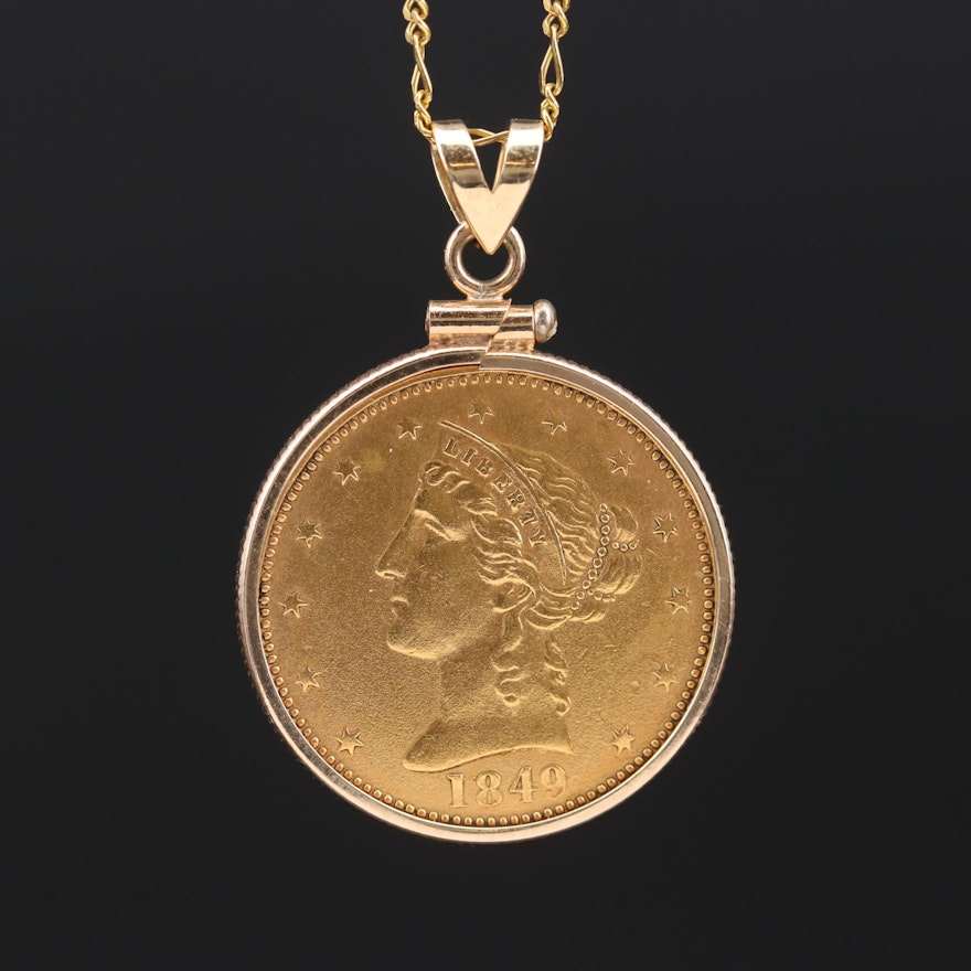 14K Yellow Gold Figaro Chain Featuring 1849 U.S. Gold Rush Coin Pendant