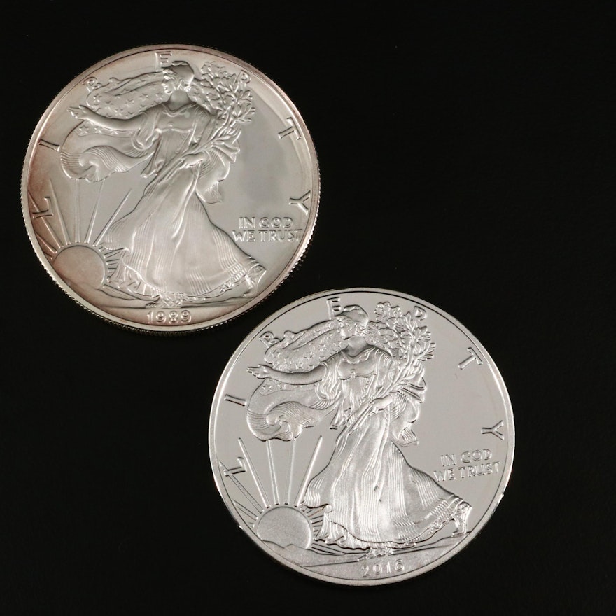 Two $1 U.S. Silver Eagle Proof Coins Including 1989-S and 2016-W