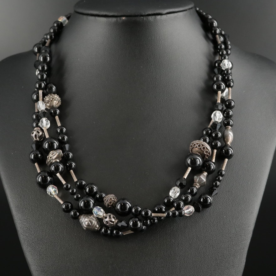Glass and Black Onyx Beaded Necklace with Sterling Silver Clasp