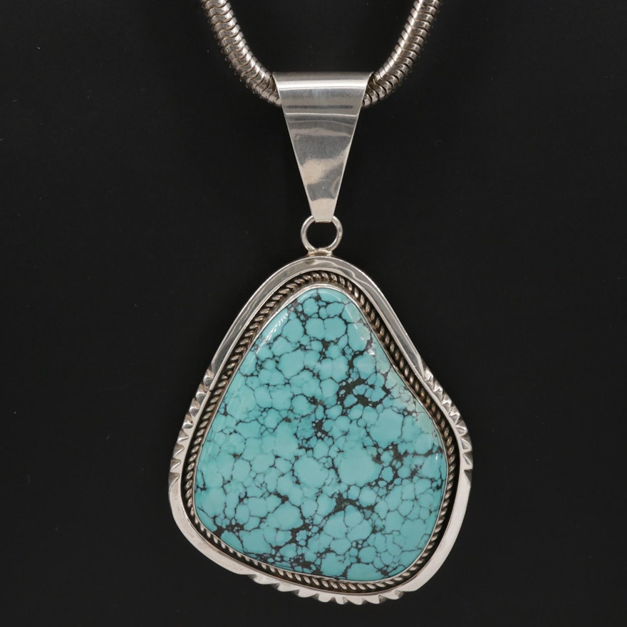 Signed Southwestern Sterling Silver Turquoise Pendant Necklace