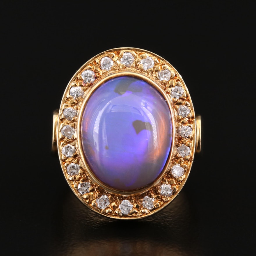 Vintage 18K Yellow Gold Opal and Diamond Ring
