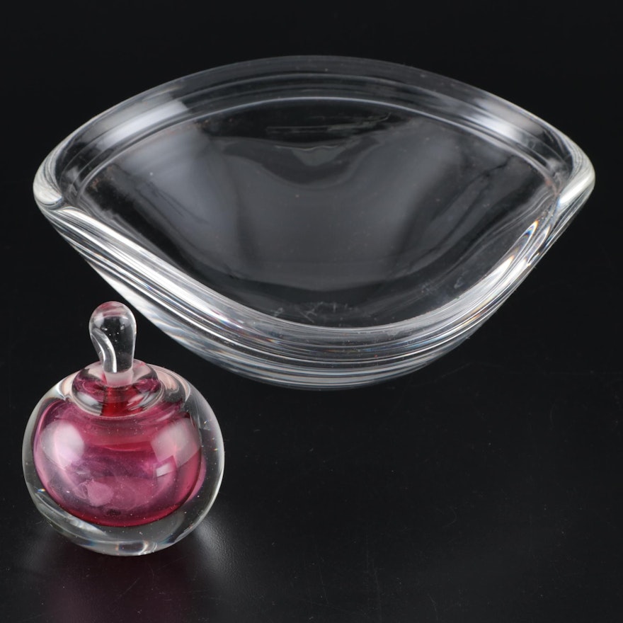 Steuben Art Glass Triangular Bowl with Karg Art Glass Perfume Bottle