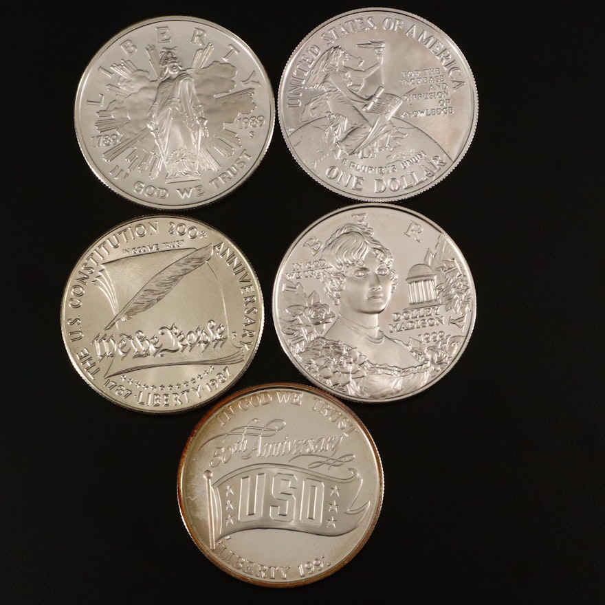 Five U.S. Commemorative Silver Dollars Including  1991-S USO Proof