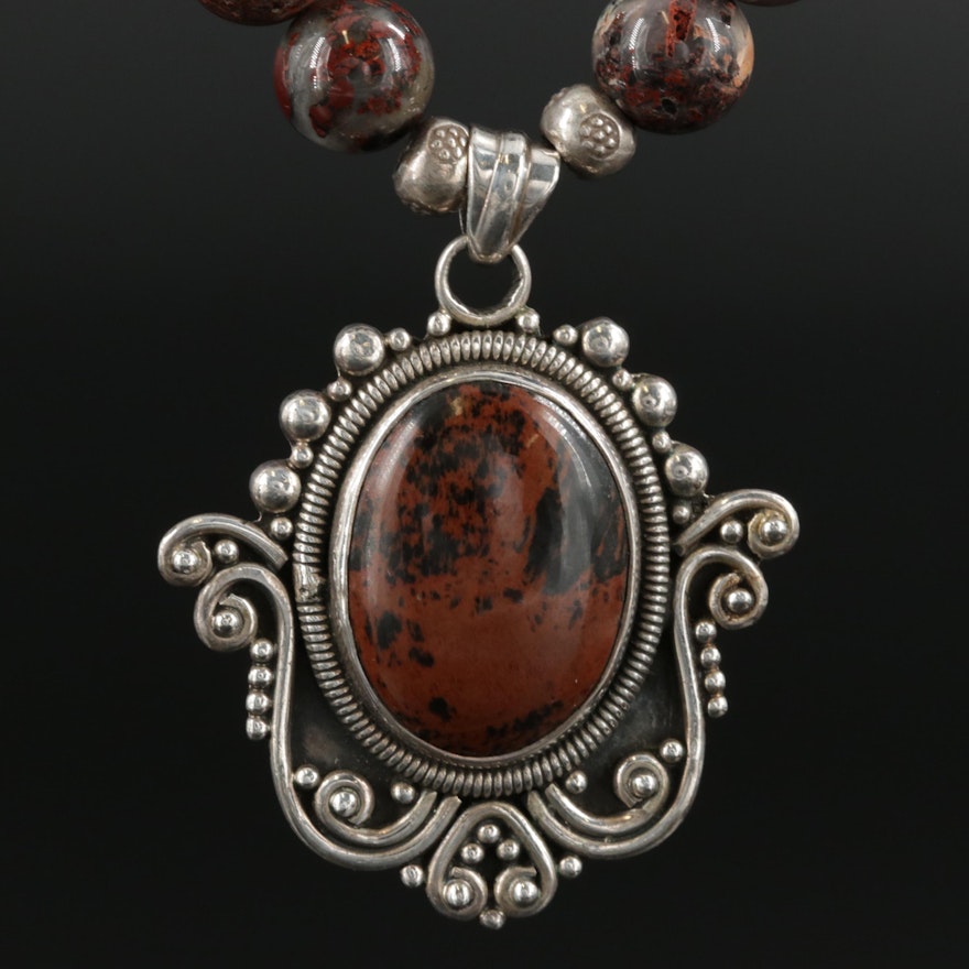 Vintage Sterling Silver Graduated Mahogany Jasper and Agate Beaded Necklace