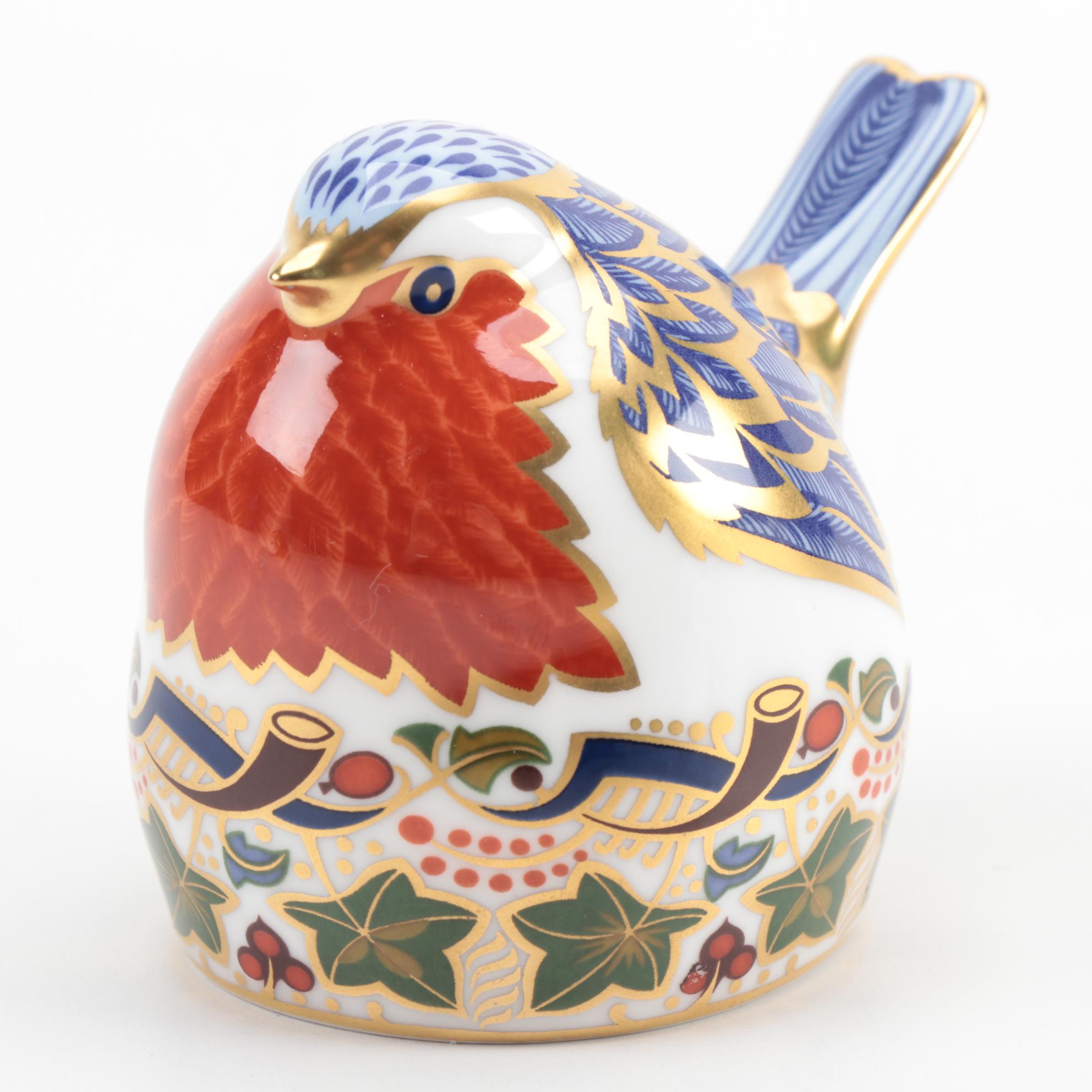 Royal Crown Derby "Orchard Hedgehog" and "Robin Nesting" Paperweights, 1990s