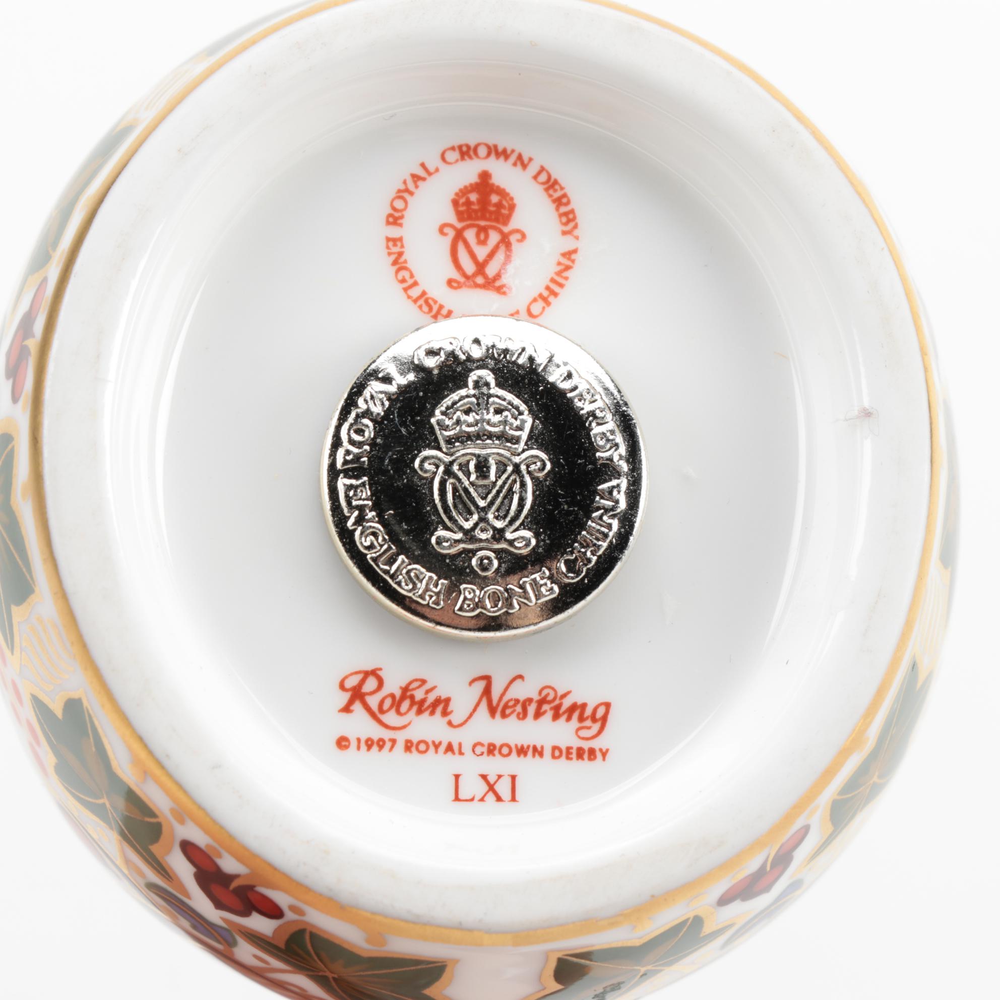 Royal Crown Derby "Orchard Hedgehog" and "Robin Nesting" Paperweights, 1990s