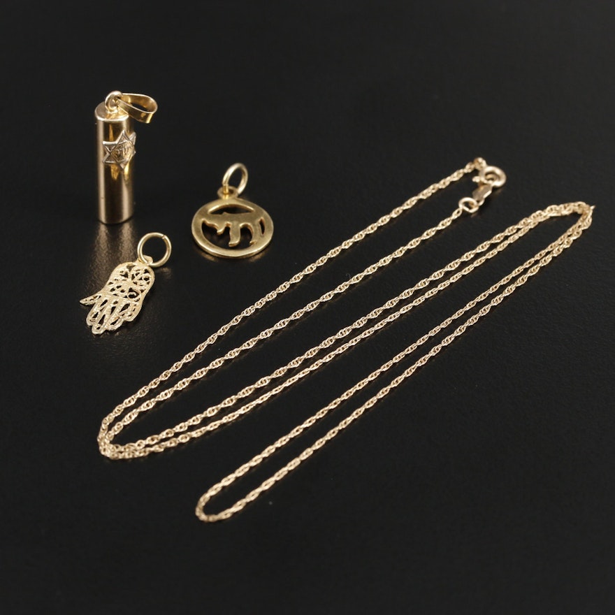 14K Yellow Gold Necklace and Pendants Featuring Hamsah, Chai, and Mezuzah