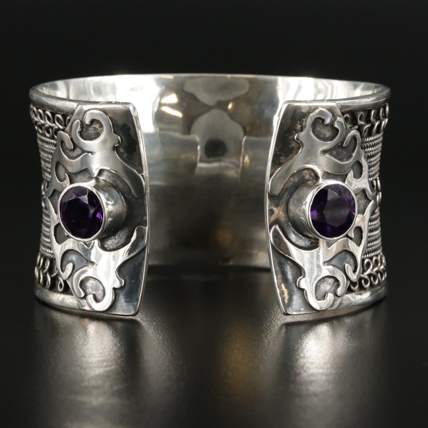 Sterling Silver Anticlastic Amethyst Cuff Bracelet with Wire Applique Design