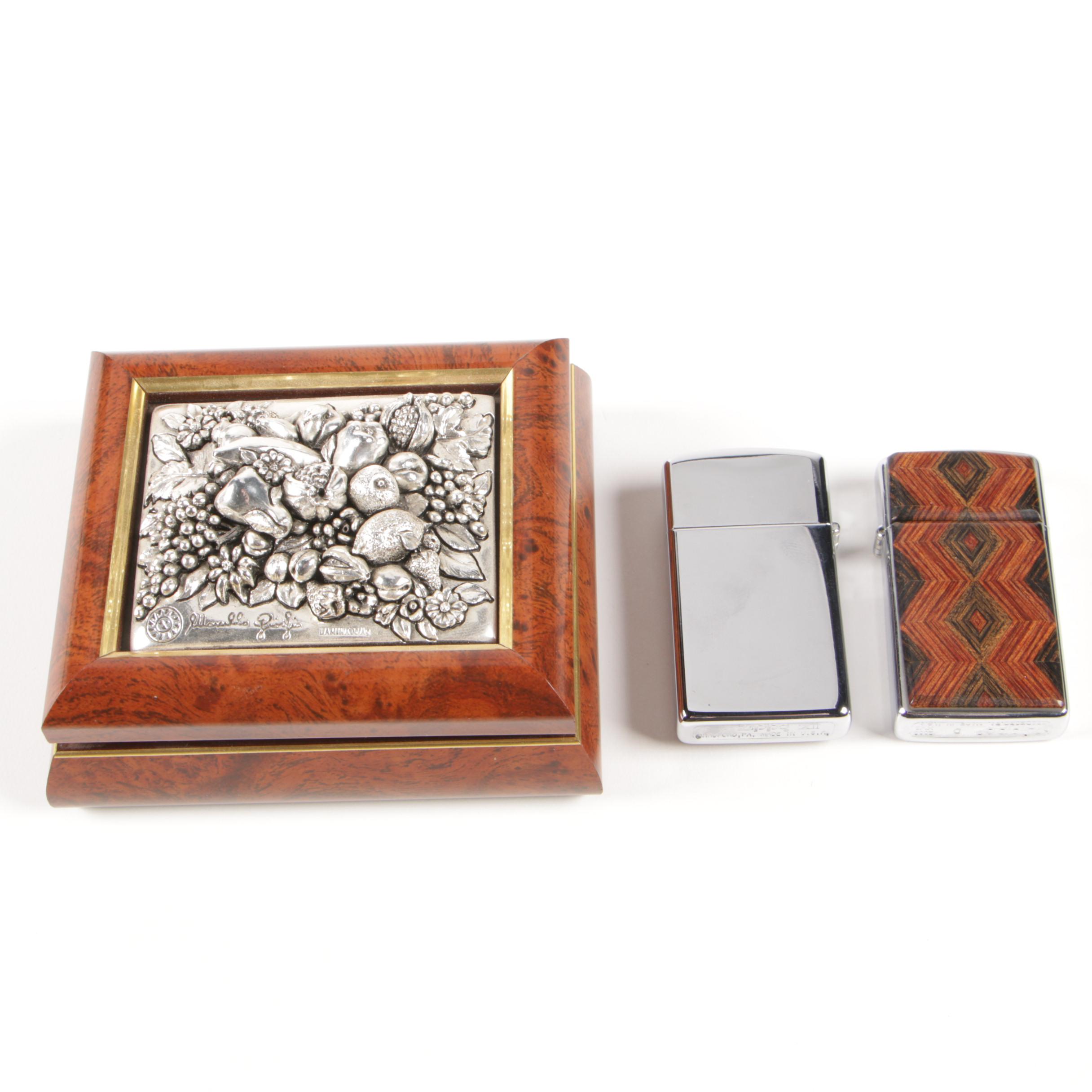Marcello Giorgio Silver Collection Trinket Box and Wood Accent Zippo Lighters