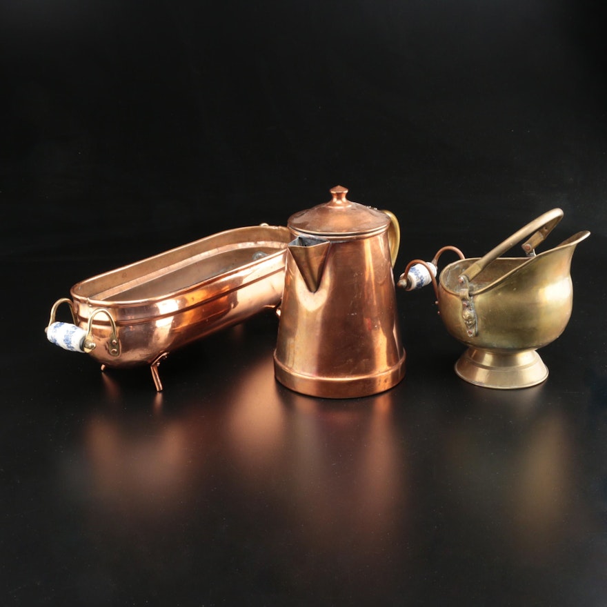 Copper and Brass Coffee Pot, Scuttle and Planter