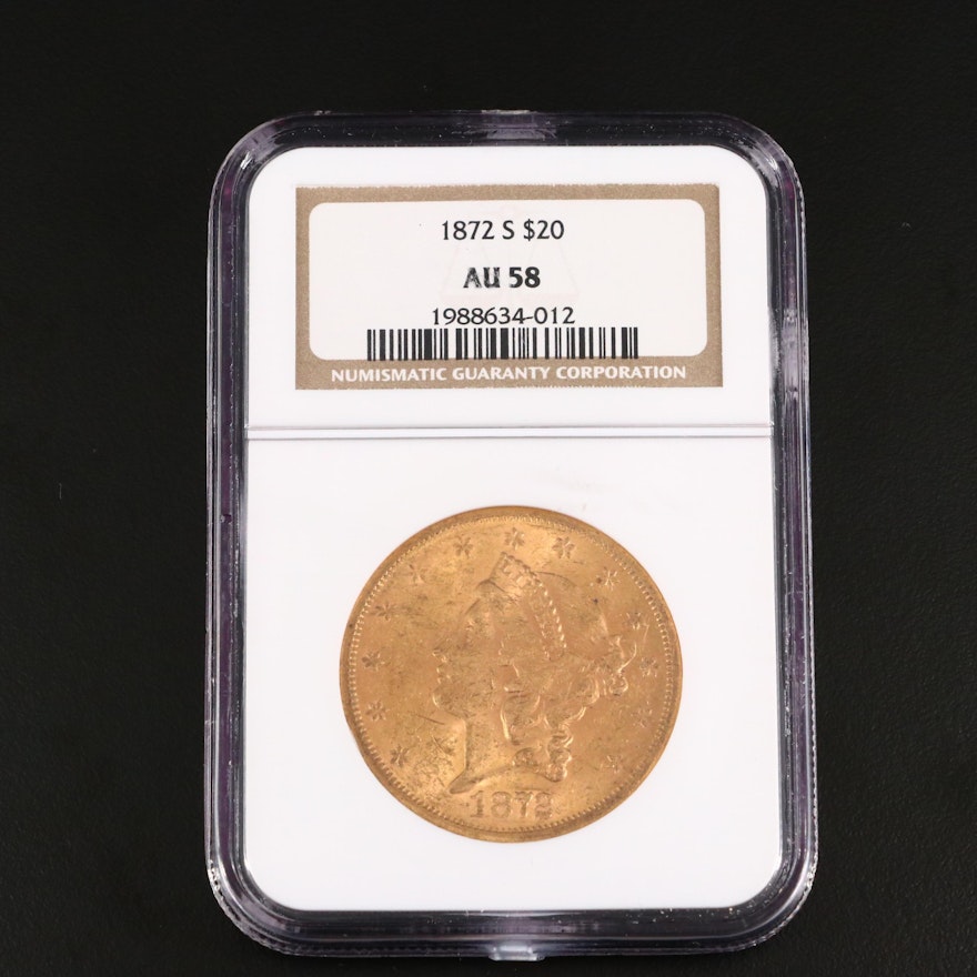NGC Graded AU58 1872-S Liberty Head $20 Gold Coin