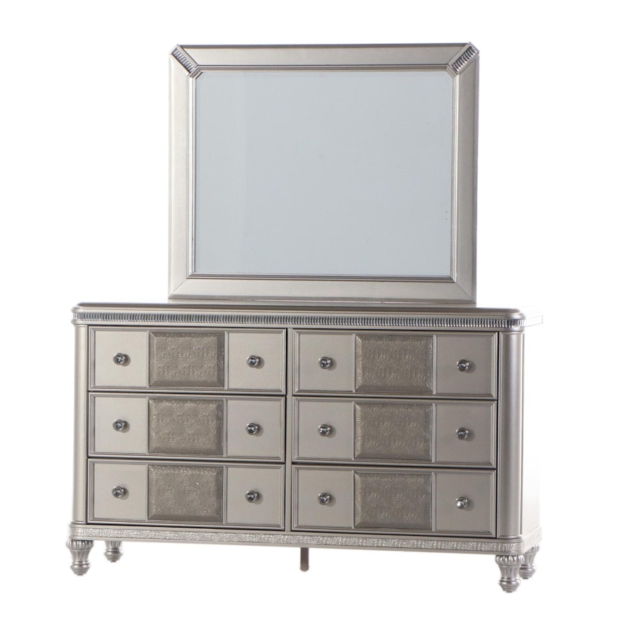 Contemporary Silver-Painted and Mirror-Trimmed Dresser