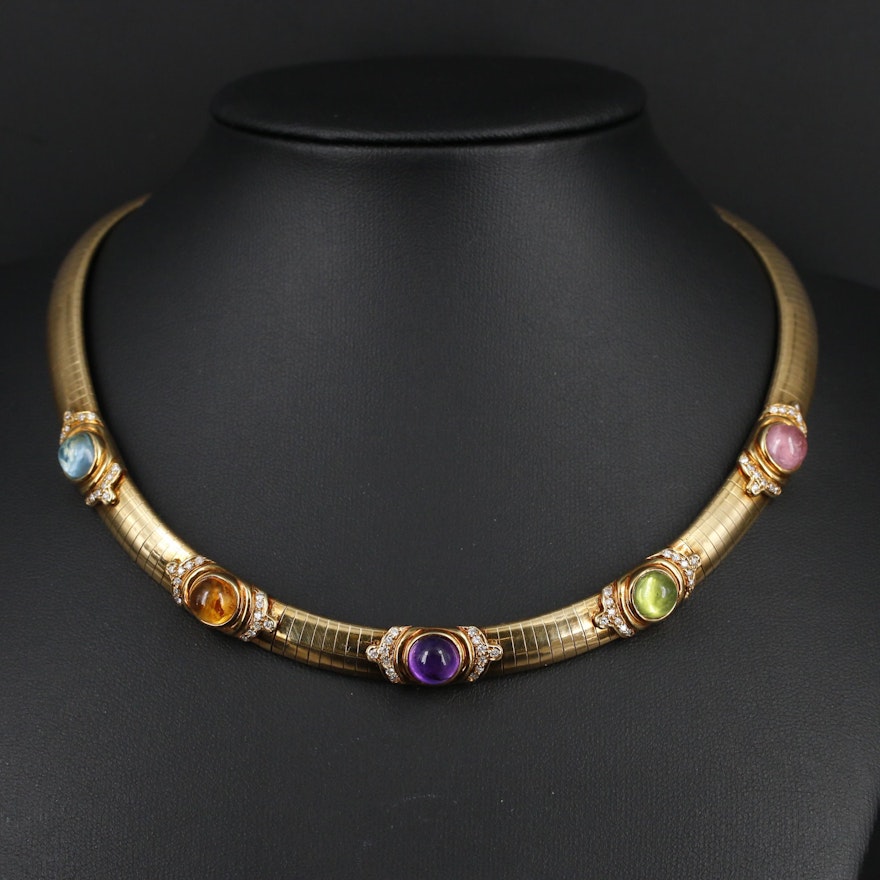 18K Yellow Gold Omega Necklace with Multiple Gemstone and Diamond Stations