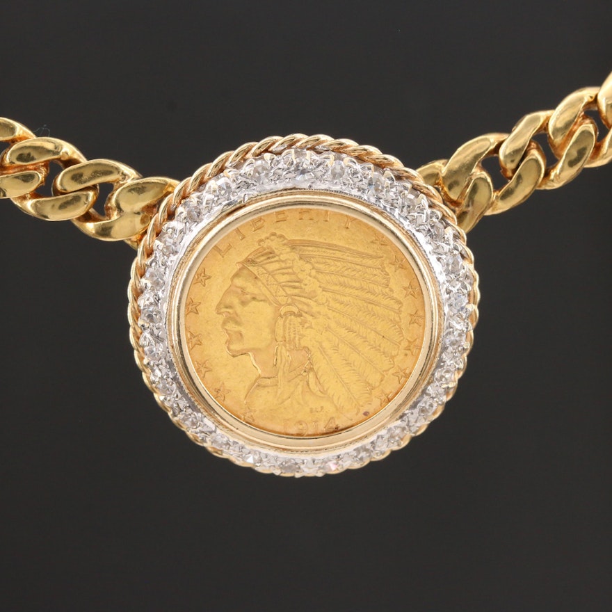 14K Diamond and 1914 Indian Head Eagle Coin Necklace with White Gold Accents