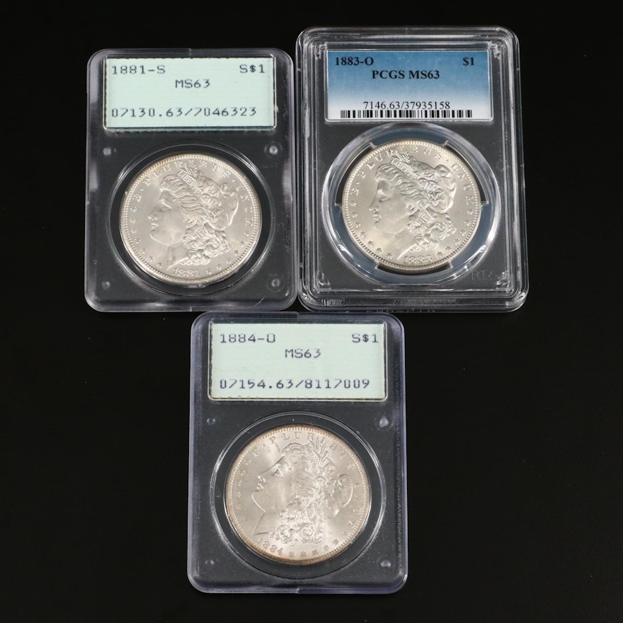 1881-S, 1883-O, and 1884-O PCGS Graded MS63 Silver Morgan Dollars