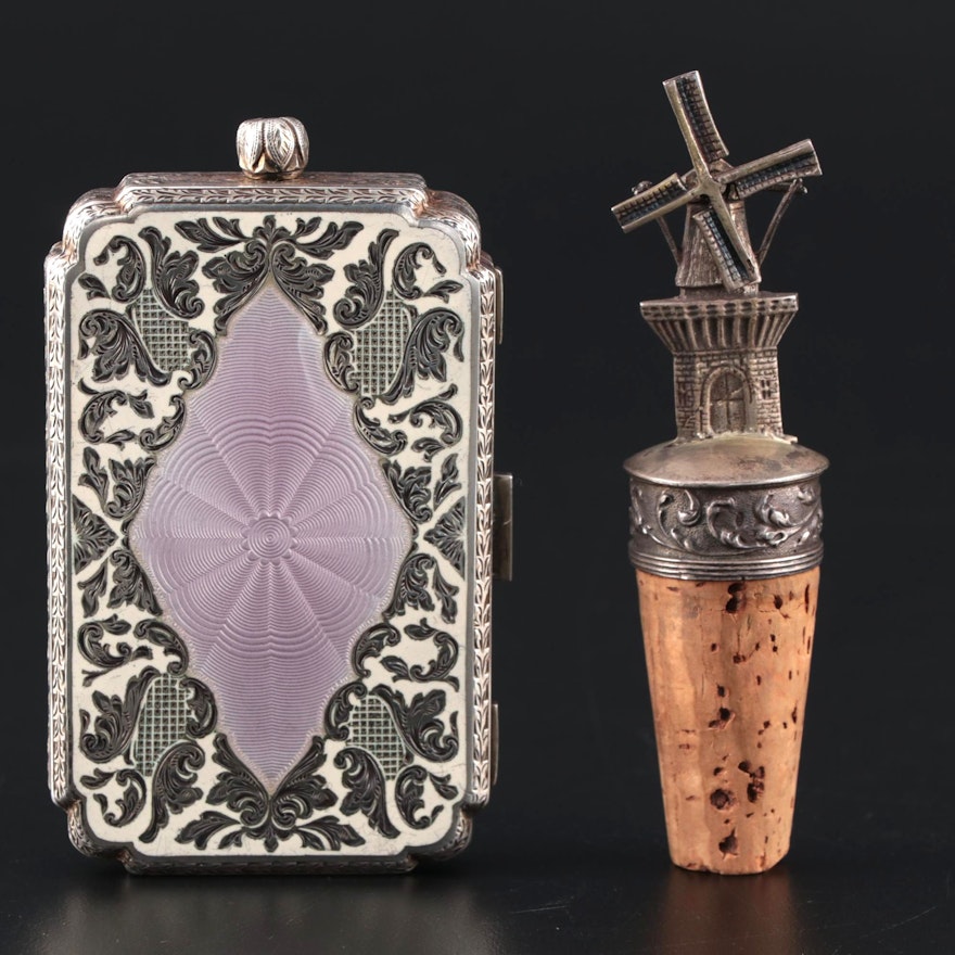 Austrian Guilloché Enamel and Sterling Compact With 800 Silver Bottle Stopper