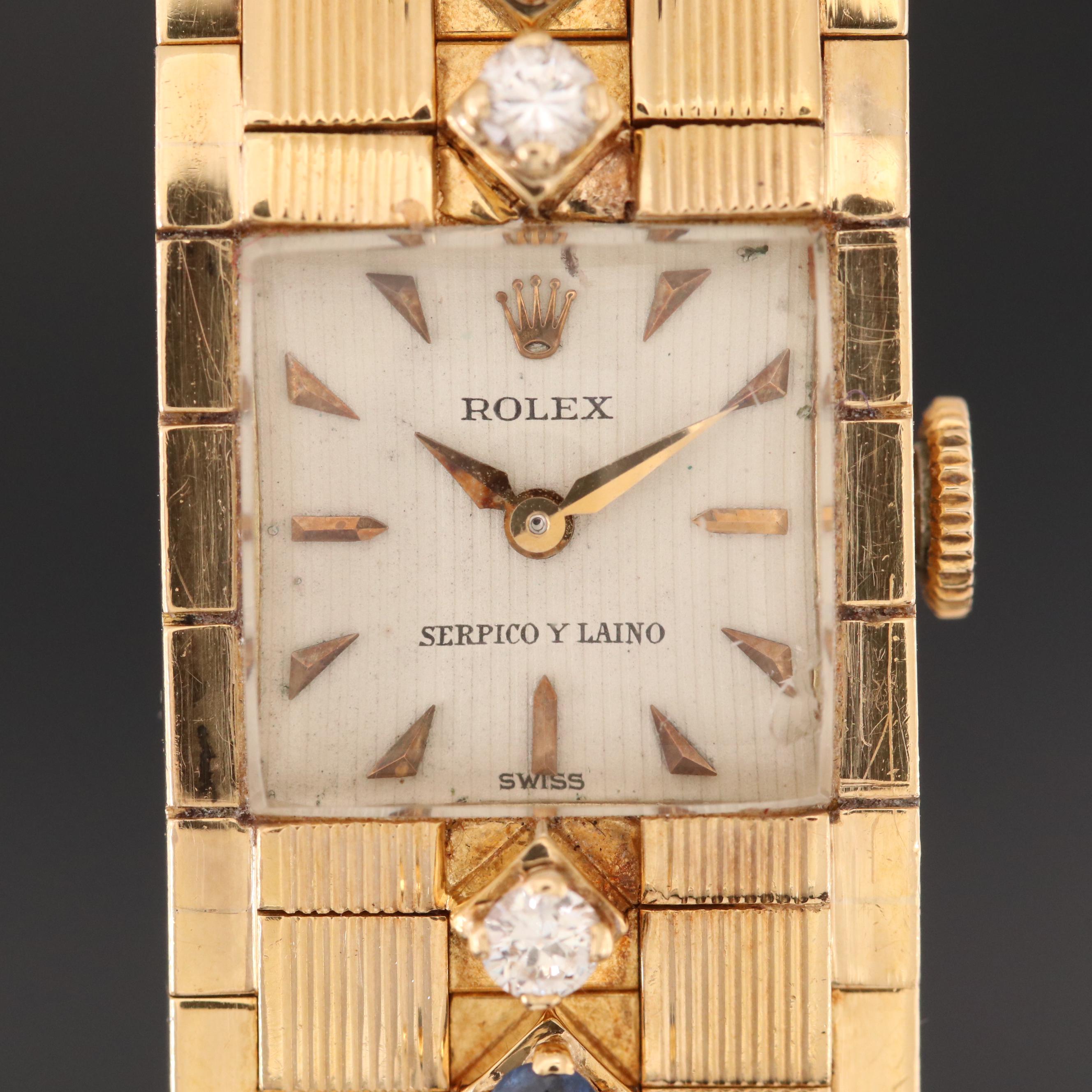 Vintage Rolex "Serpico" Y Laino Dial 18K Gold and Gemstone Stem Wind Watch