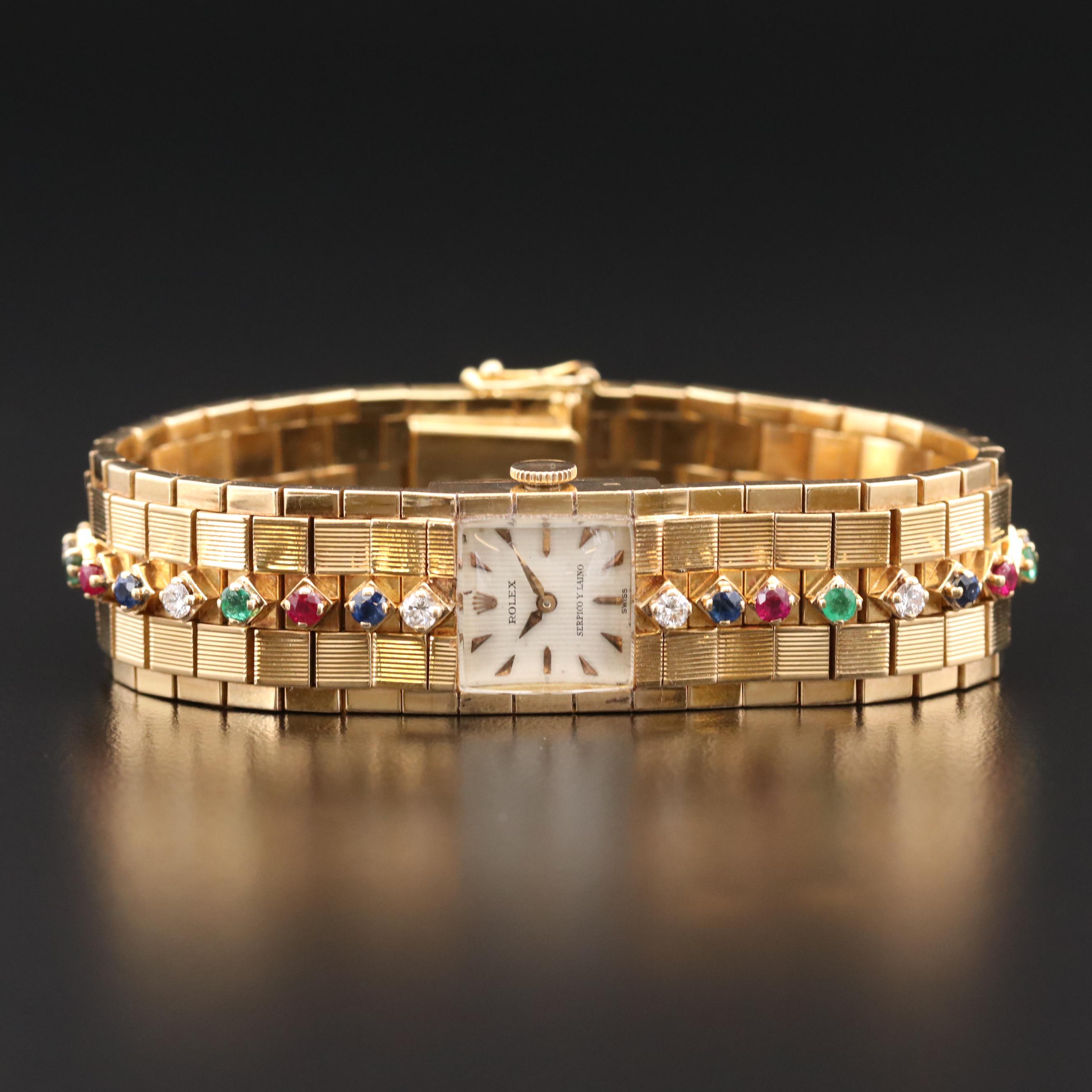 Vintage Rolex "Serpico" Y Laino Dial 18K Gold and Gemstone Stem Wind Watch