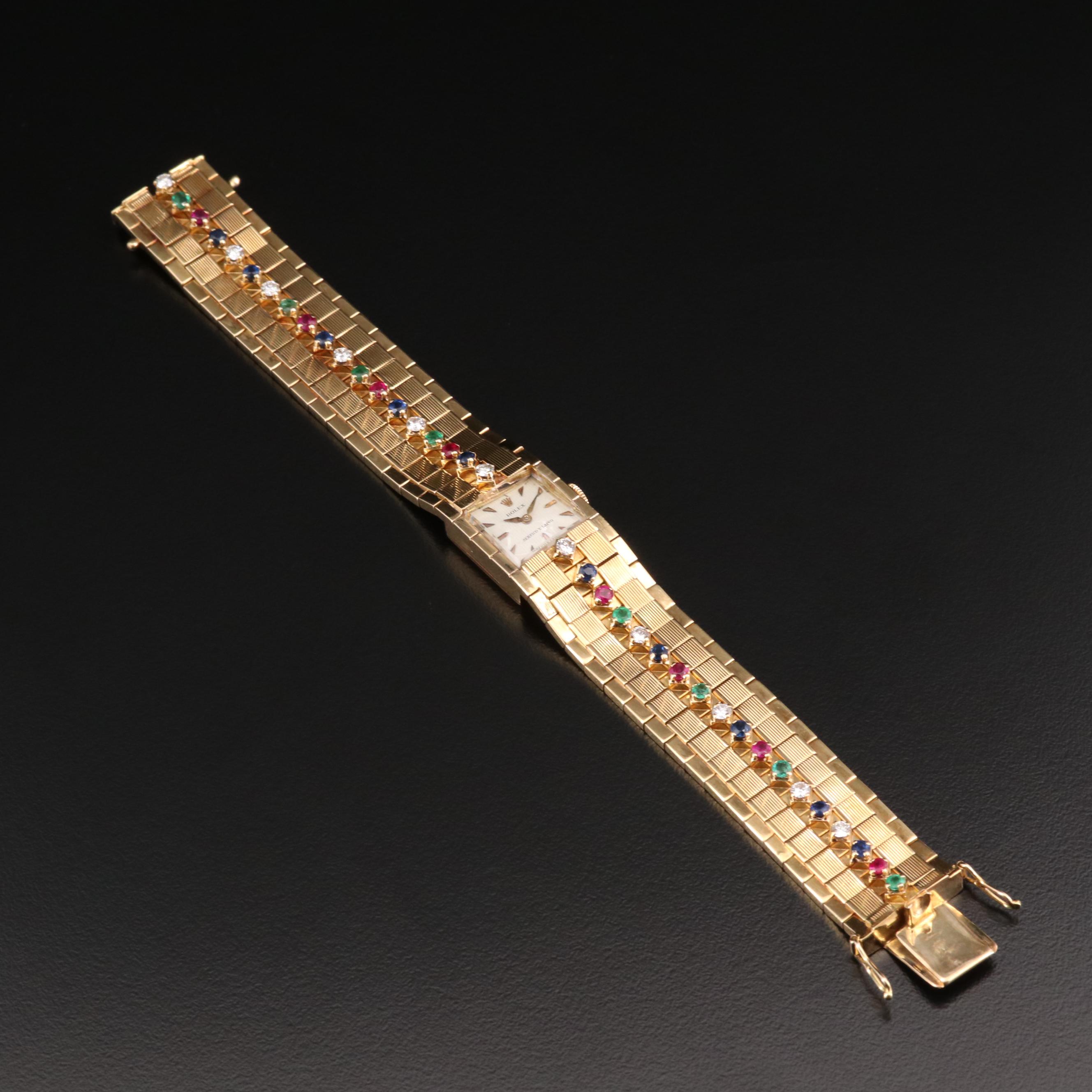 Vintage Rolex "Serpico" Y Laino Dial 18K Gold and Gemstone Stem Wind Watch