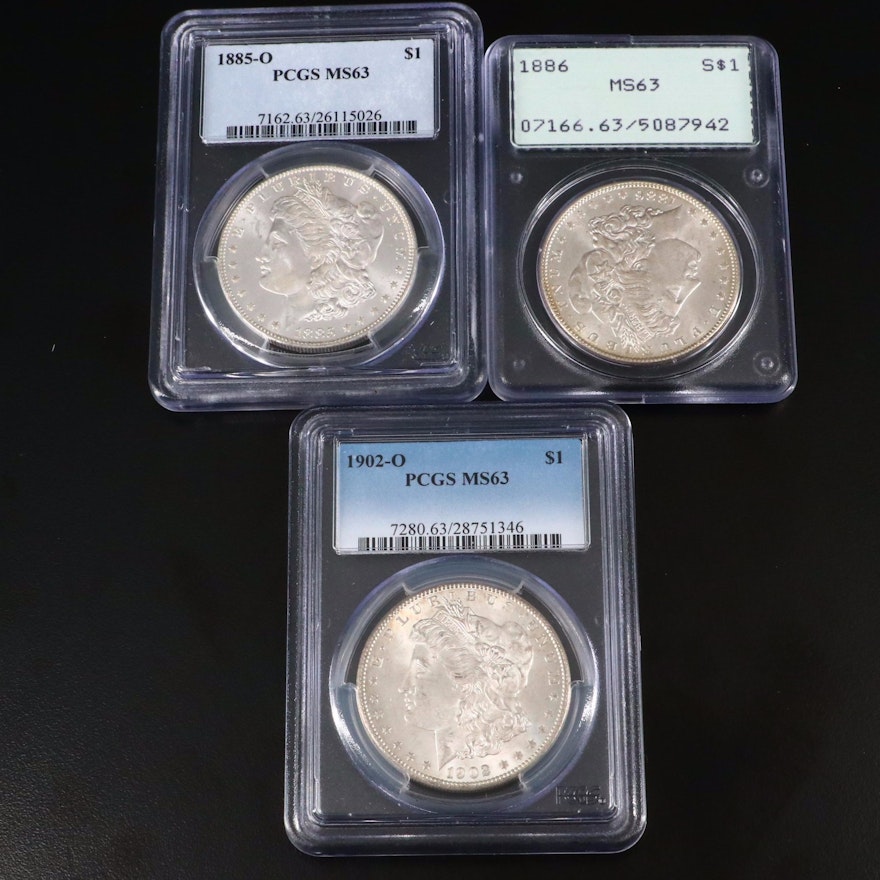 1885-O, 1886, and 1902-O PCGS Graded MS63 Silver Morgan Dollars