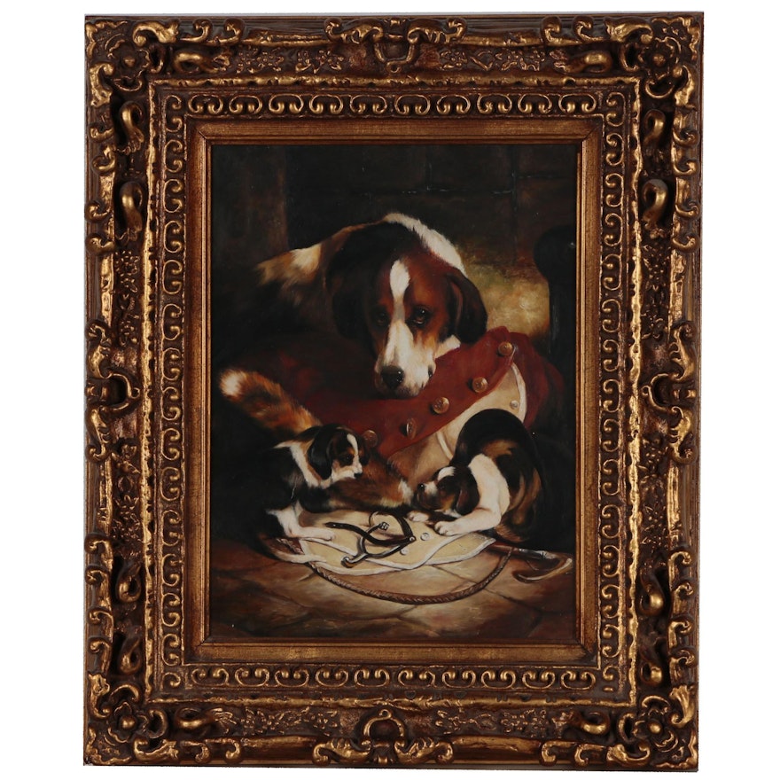 Oil Painting of Hound Dog and Puppies, Late 20th Century