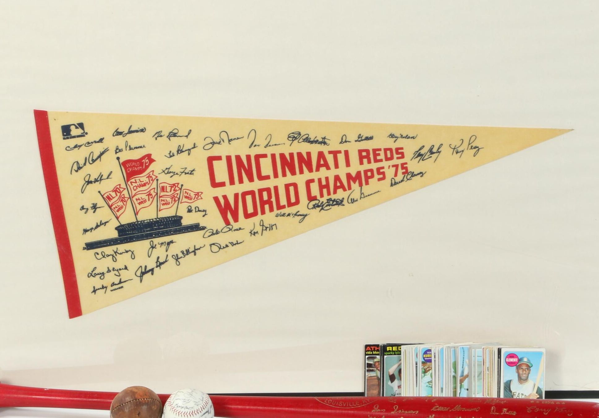 Cincinnati Reds '75 Pennant, '76 Red Bat with Other Baseball Collectibles