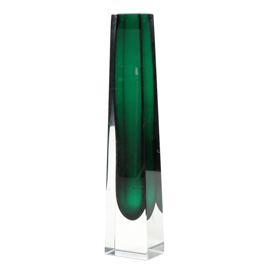 Moser Mid Century Modern Emerald and Clear Cased Glass Vase, 1960s