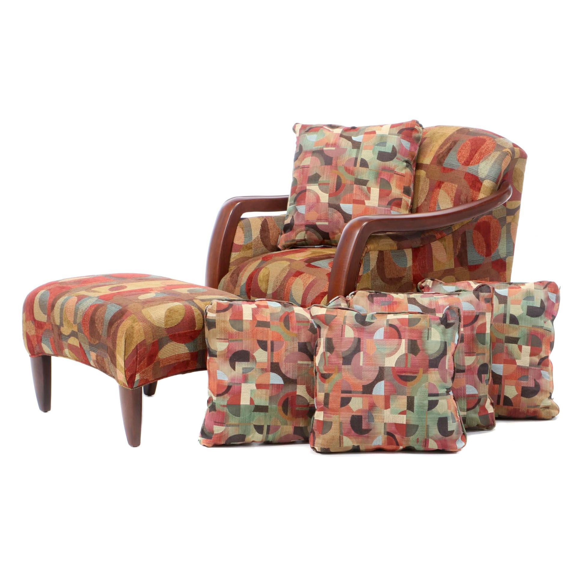 Sam Moore Art Deco Style Upholstered Chair and Ottoman, Late 20th Century