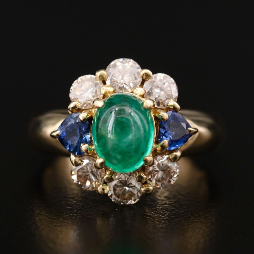 18K Yellow Gold 1.68 CT Emerald, Blue Sapphire and 1.08 CTW Diamond Ring