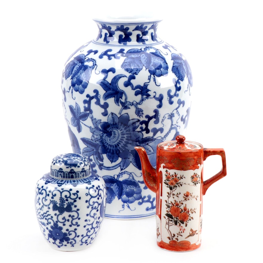 Chinese Blue and White Porcelain Vessels and Japanese Teapot