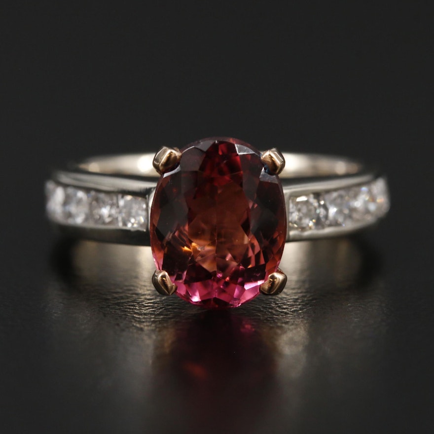 14K White Gold Tourmaline Ring with Diamond Shoulders and Rose Gold Accent