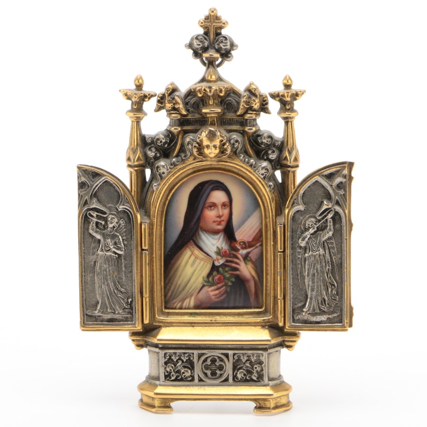 Miniature Portrait of St. Therese  of Lisieux in Gothic Revival Tabernacle Frame