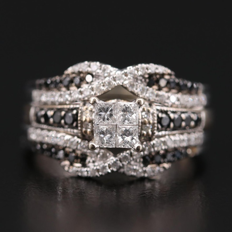 10K and 14K White Gold 1.05 CTW Diamond Ring and Jacket Set with Black Diamonds