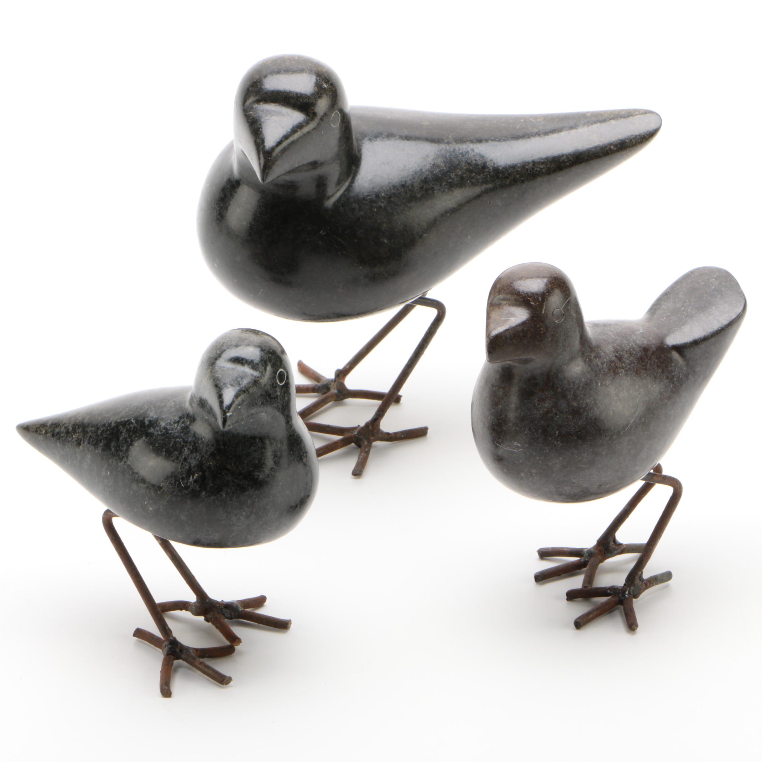 Modernist Carved Stone Blackbird Figurines