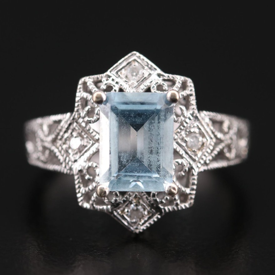 14K White Gold Aquamarine and Diamond Ring