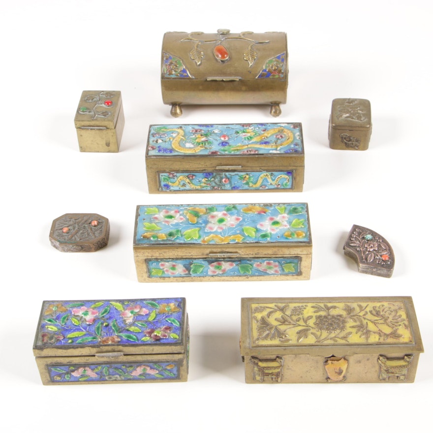 Chinese Enameled Brass Stamp Boxes with Assorted Box Collection