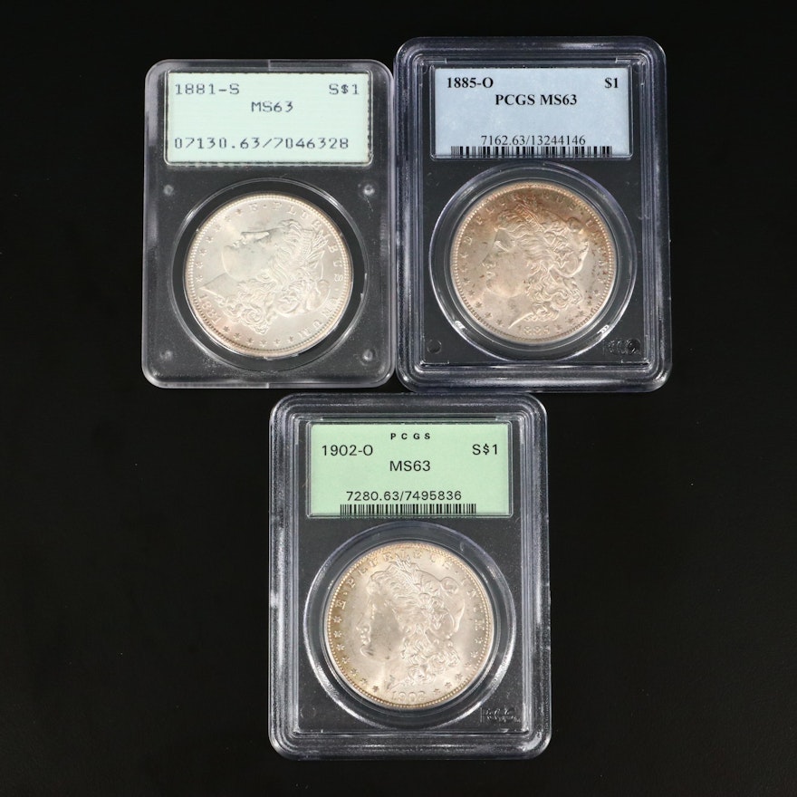 1881-S, 1885-O, and 1902-O PCGS Graded MS63 Silver Morgan Dollars