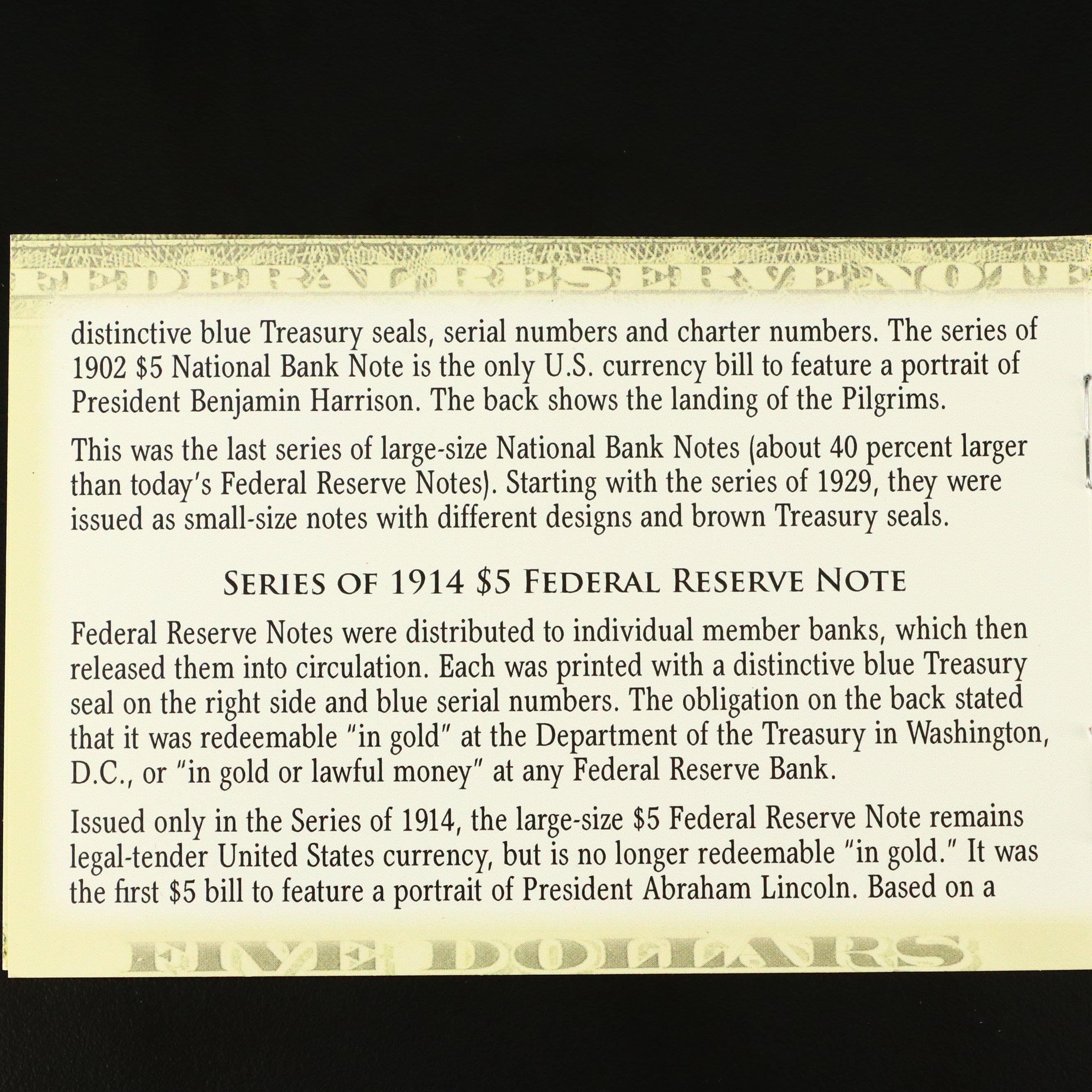 Set of Five Large Format Obsolete Antique U.S. Banknotes