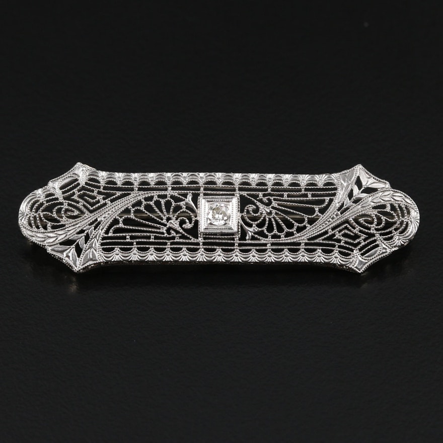 Edwardian 14K White Gold and Platinum Openwork Bar Brooch with Diamond Accent