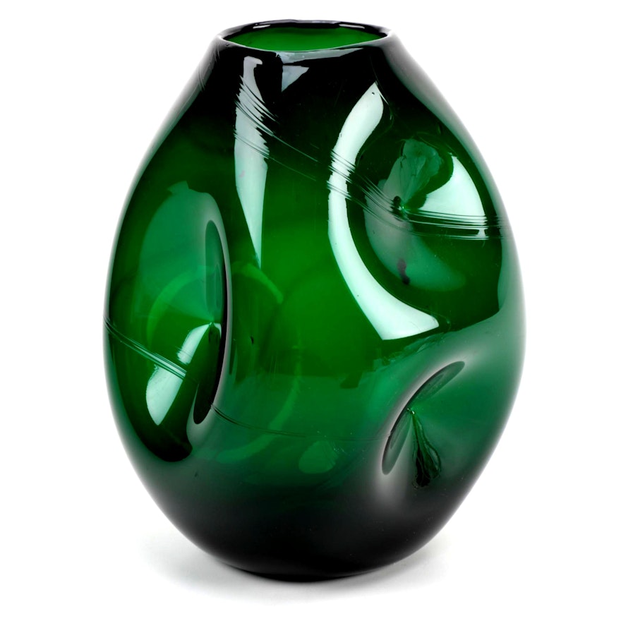 Emerald Green Blenko Blown Art Glass Pinched Vase