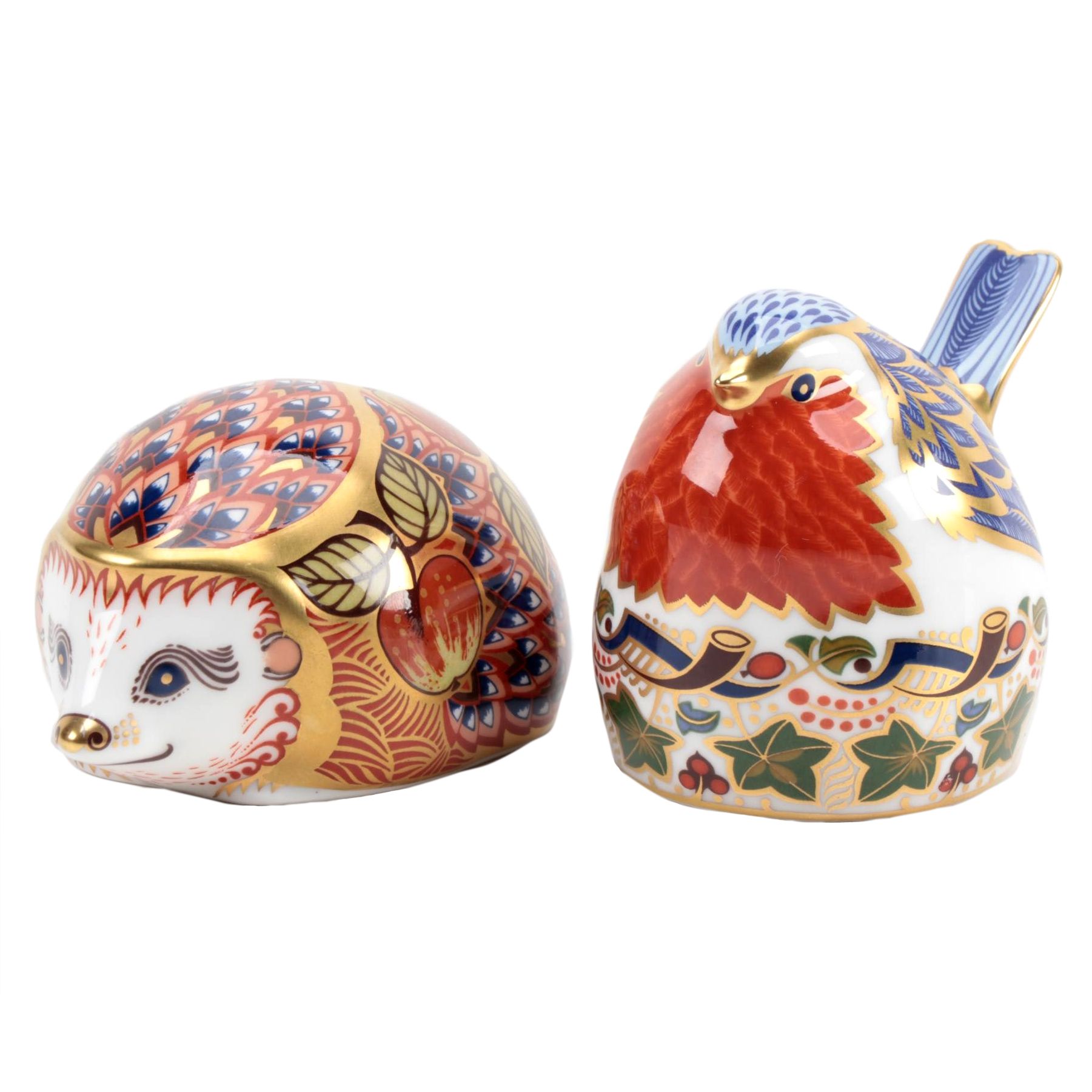 Royal Crown Derby "Orchard Hedgehog" and "Robin Nesting" Paperweights, 1990s
