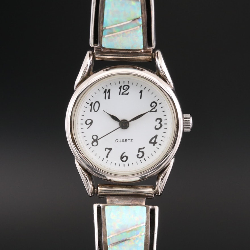 Quartz Wristwatch On a Navajo Sterling Silver and Opal Bangle Bracelet