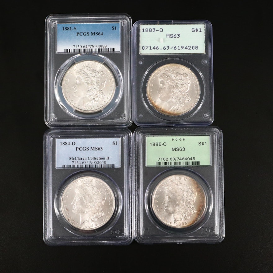 Four PCGS Graded Silver Morgan Dollars Including 1881-S and 1885-O
