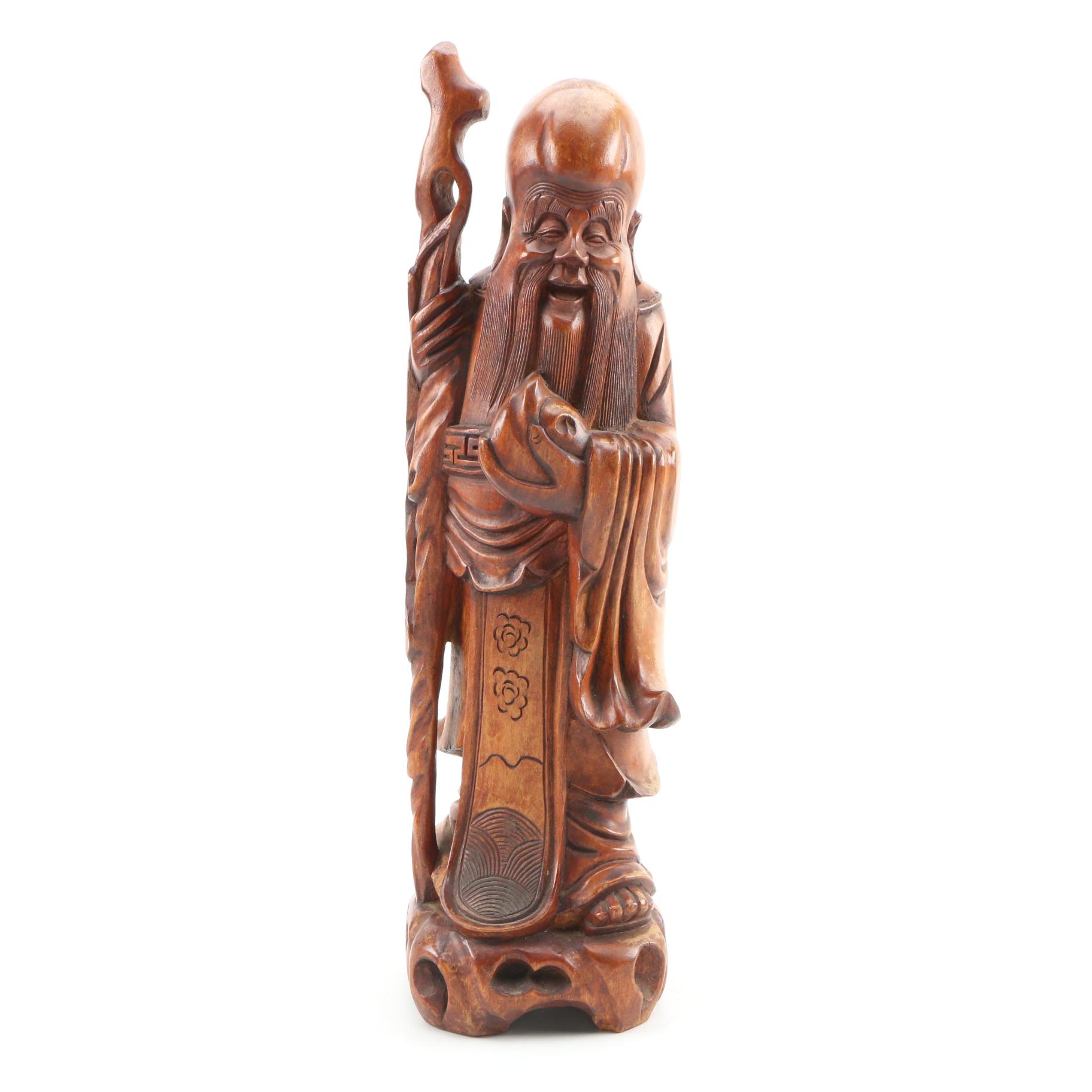 Japanese Carved Wooden "Fukurokuju" God of Wealth
