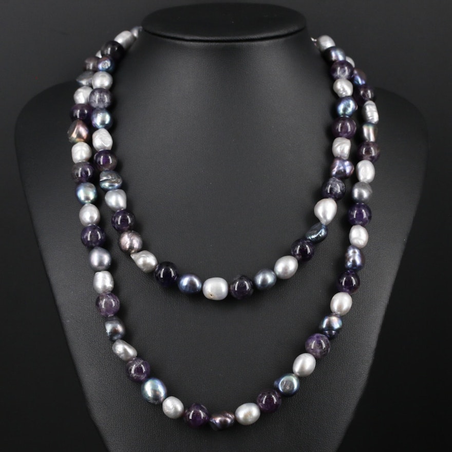 Amethyst and Pearl Necklace With Sterling Silver Clasp