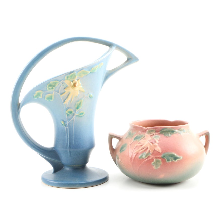 Roseville Pottery "Columbine" Blue Basket Vase with Pink Squat Vessel