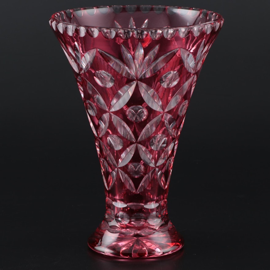 Cranberry Cut to Clear Crystal Vase