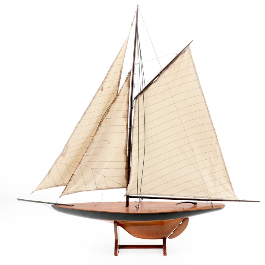Handcrafted Schooner Model with Three Masts on Wood Stand, Mid-20th Century